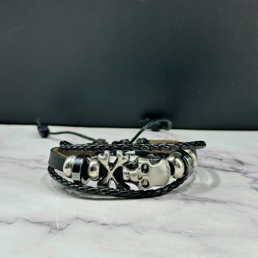 Mens Skull Cross Bracelet Leather Cord Metal Beads Adjustable Punk Biker